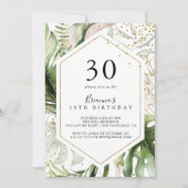 幾何学的金ゴールドトロピカルグリーン30th誕生日パーティー 招待状 (正面)