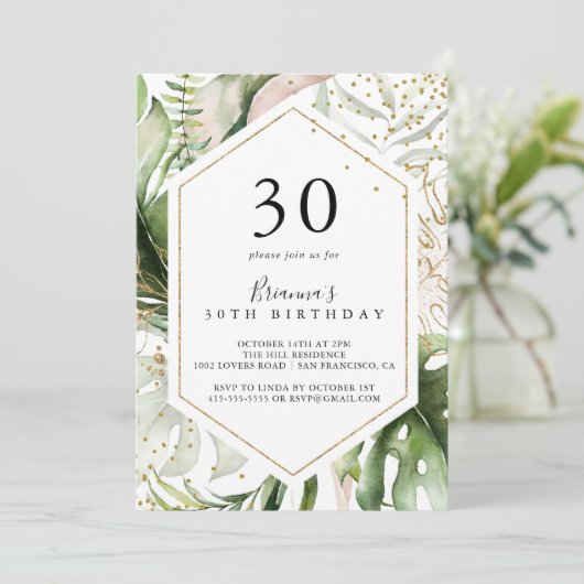 幾何学的金ゴールドトロピカルグリーン30th誕生日パーティー 招待状 (スタンド正面)