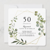 幾何学的金ゴールドトロピカルグリーン50th誕生日パーティー 招待状 (正面)