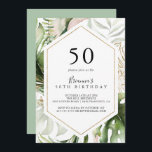 幾何学的金ゴールドトロピカルグリーン50th誕生日パーティー 招待状<br><div class="desc">この幾何学的な金ゴールドトロピカルグリーン50th誕生日パーティーへの招待は、エレガントな誕生日パーティーに最適である。デザインは手色彩の鮮やか水色の金ゴールドと緑の手のひら葉とバナナのを備え、ピンクの花をブケートに束ね、幾何学的なフレームを飾る。</div>