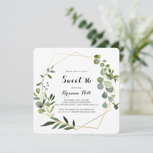 幾何学的金ゴールドトロピカルスイート16誕生日パーティー 招待状 (スタンド正面)