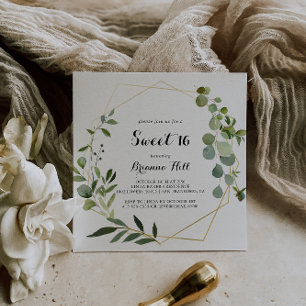 幾何学的金ゴールドトロピカルスイート16誕生日パーティー 招待状