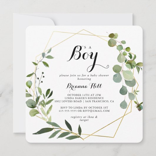 幾何学的金ゴールドトロピカル男の子の赤ちゃんシャワー 招待状 (正面)