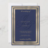 幾何学的金ゴールドネイビーブルーモノグラム結婚イニシャル 招待状 (正面)
