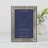 幾何学的金ゴールドネイビーブルーモノグラム結婚イニシャル 招待状 (スタンド正面)