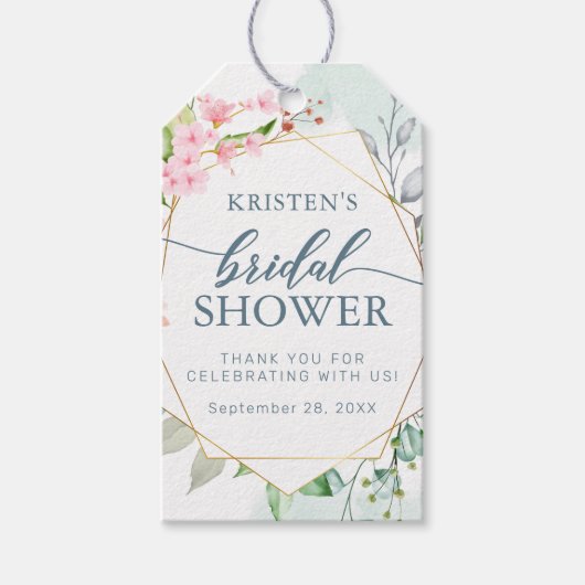 幾何学的金ゴールドパステルフローラブライダルシャワー ギフトタグ (正面)