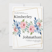 幾何学的金ゴールドピンクのネイビーブルーミント結婚花の 招待状 (正面)