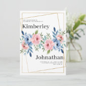 幾何学的金ゴールドピンクのネイビーブルーミント結婚花の 招待状 (スタンド正面)