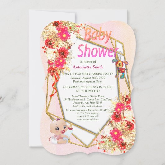 幾何学的金ゴールドピンクベビーシャワー 招待状 (正面)