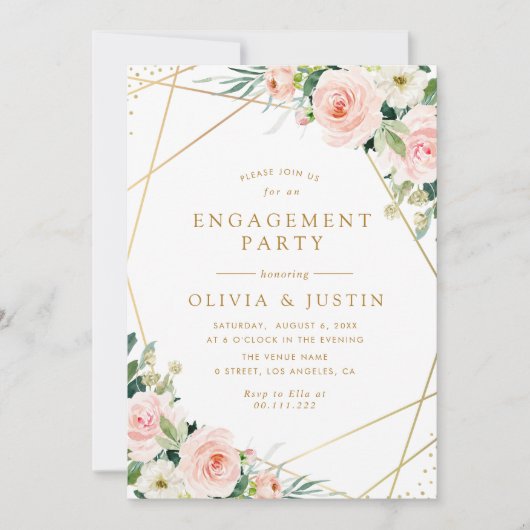 幾何学的金ゴールドピンク赤面フローラ婚約パーティ 招待状 (正面)