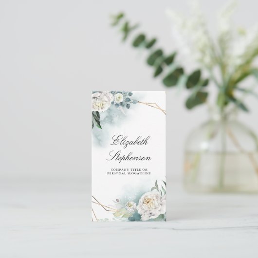 幾何学的金ゴールドフレームと白い牡丹の緑 名刺 (スタンド正面)