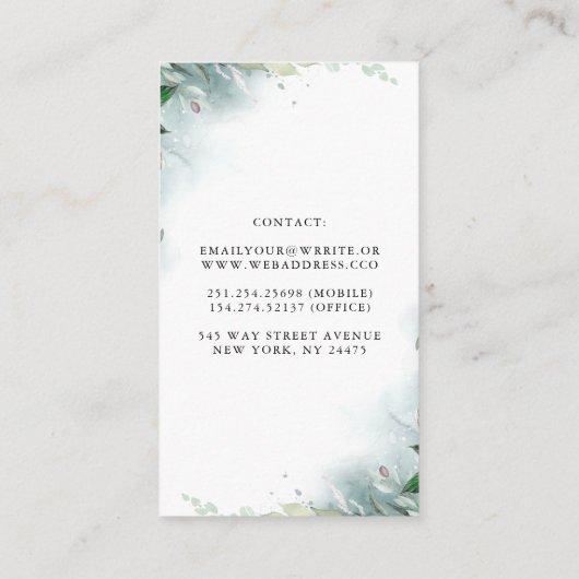 幾何学的金ゴールドフレームと白い牡丹の緑 名刺 (裏面)