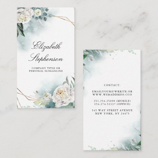 幾何学的金ゴールドフレームと白い牡丹の緑 名刺 (正面/裏面)