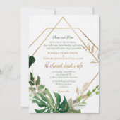 幾何学的金ゴールドフレームトロピカルグリーンパーム葉 招待状 (正面)