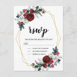 幾何学的金ゴールドフレームバーガンディ冬の花 インビテーションポストカード