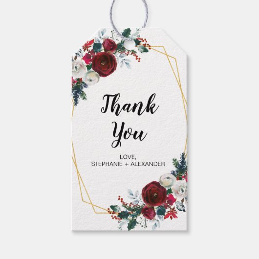 幾何学的金ゴールドフレームバーガンディ冬の花 ギフトタグ (正面)