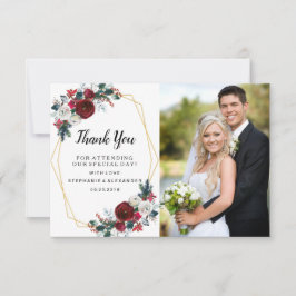 幾何学的金ゴールドフレームバーガンディ冬の花 サンキューカード