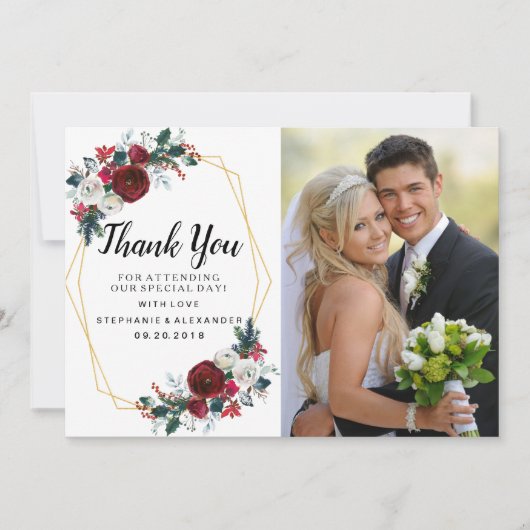 幾何学的金ゴールドフレームバーガンディ冬の花 サンキューカード (正面)