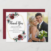 幾何学的金ゴールドフレームバーガンディ冬の花 サンキューカード (正面/裏面)