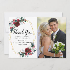 幾何学的金ゴールドフレームバーガンディ冬の花 サンキューカード