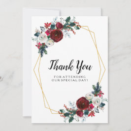幾何学的金ゴールドフレームバーガンディ冬の花 サンキューカード
