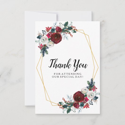 幾何学的金ゴールドフレームバーガンディ冬の花 サンキューカード (正面)