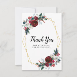 幾何学的金ゴールドフレームバーガンディ冬の花 サンキューカード