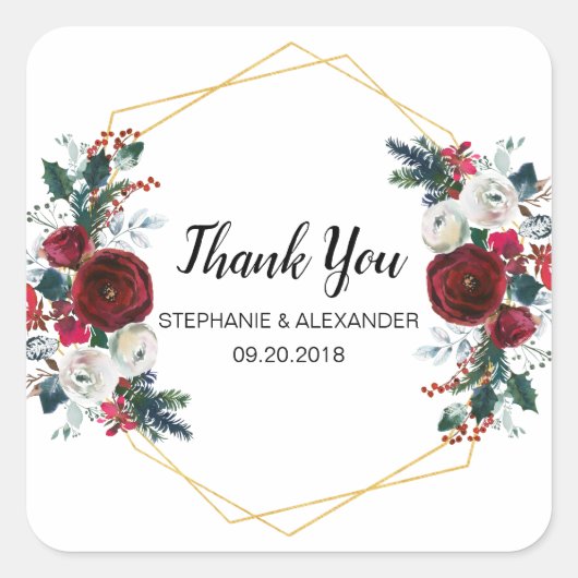 幾何学的金ゴールドフレームバーガンディ冬の花 スクエアシール (正面)