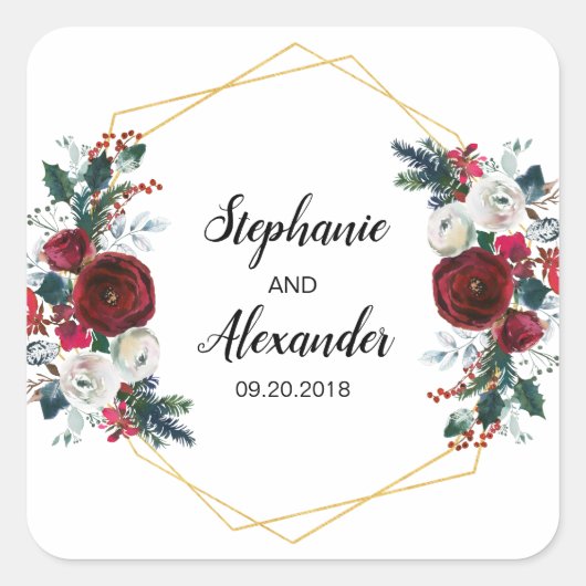 幾何学的金ゴールドフレームバーガンディ冬の花 スクエアシール (正面)