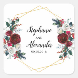 幾何学的金ゴールドフレームバーガンディ冬の花 スクエアシール