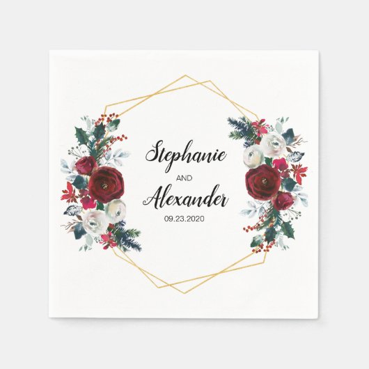 幾何学的金ゴールドフレームバーガンディ冬の花 スタンダードカクテルナプキン (正面)