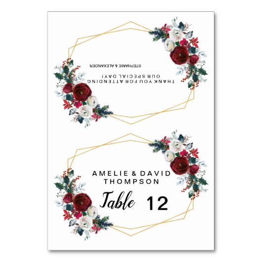 幾何学的金ゴールドフレームバーガンディ冬の花 テーブルナンバー (正面)