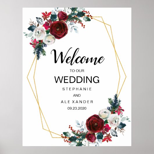 幾何学的金ゴールドフレームバーガンディ冬の花 ポスター (正面)