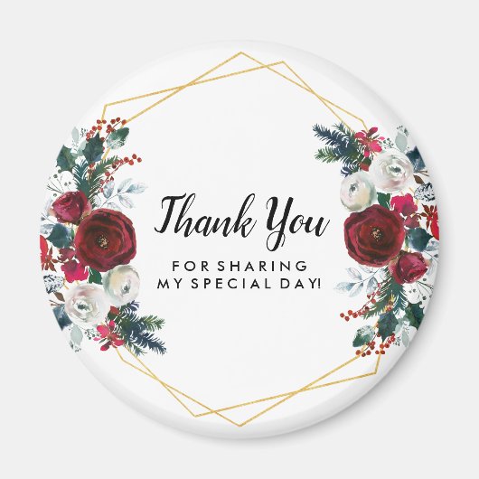 幾何学的金ゴールドフレームバーガンディ冬の花 マグネット (正面)