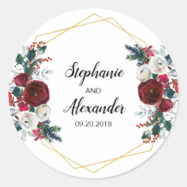 幾何学的金ゴールドフレームバーガンディ冬の花 ラウンドシール