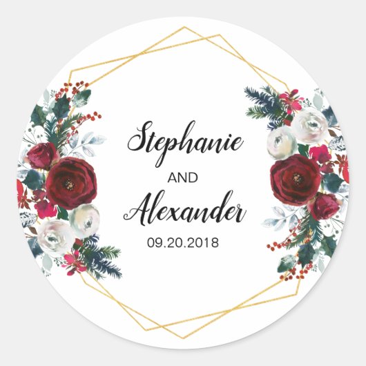 幾何学的金ゴールドフレームバーガンディ冬の花 ラウンドシール (正面)