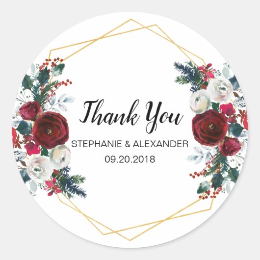 幾何学的金ゴールドフレームバーガンディ冬の花 ラウンドシール (正面)
