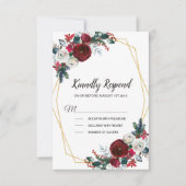 幾何学的金ゴールドフレームバーガンディ冬の花 出欠カード (正面)