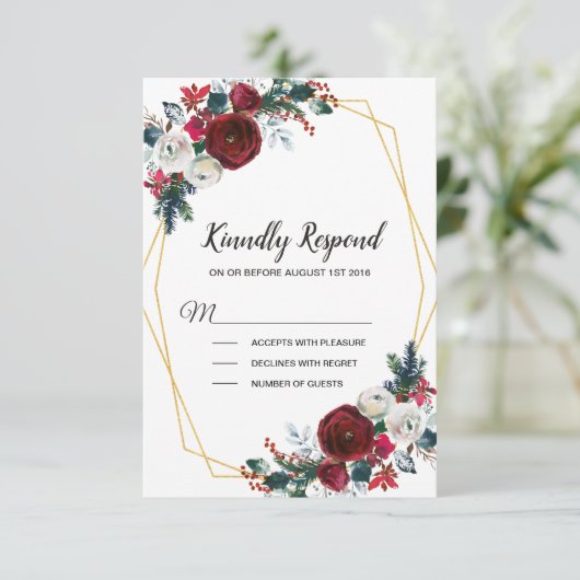 幾何学的金ゴールドフレームバーガンディ冬の花 出欠カード (スタンド正面)