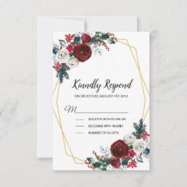 幾何学的金ゴールドフレームバーガンディ冬の花 出欠カード