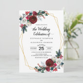 幾何学的金ゴールドフレームバーガンディ冬の花 招待状 (スタンド正面)