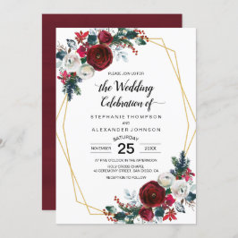 幾何学的金ゴールドフレームバーガンディ冬の花 招待状