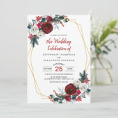 幾何学的金ゴールドフレームバーガンディ冬の花 招待状 (スタンド正面)