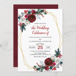 幾何学的金ゴールドフレームバーガンディ冬の花 招待状