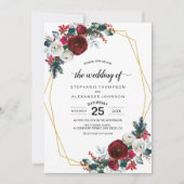 幾何学的金ゴールドフレームバーガンディ冬の花 招待状 (正面)