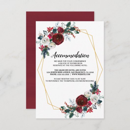 幾何学的金ゴールドフレームバーガンディ冬の花 招待状 (正面/裏面)