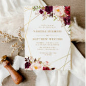 幾何学的金ゴールドフレームバーガンディ結婚フローラ 招待状