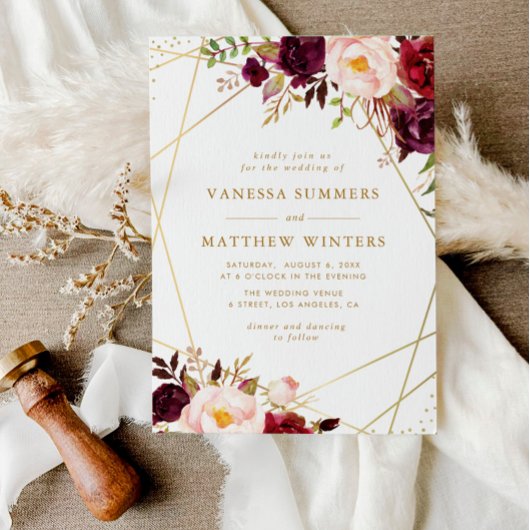 幾何学的金ゴールドフレームバーガンディ結婚フローラ 招待状