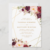 幾何学的金ゴールドフレームバーガンディ結婚フローラ 招待状 (正面)