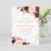 幾何学的金ゴールドフレームバーガンディ結婚フローラ 招待状 (スタンド正面)